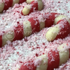 Candy cane cookie recipe closeup with peppermint sugar